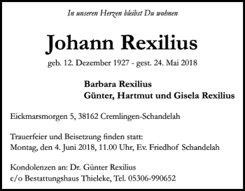 Traueranzeige von Johann Rexilius von Braunschweiger Zeitung