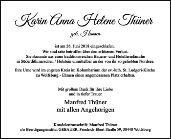 Traueranzeige von Karin Anna Helene Thüner von Wolfsburger Nachrichten