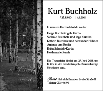 Traueranzeige von Kurt Buchholz von Braunschweiger Zeitung