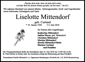 Traueranzeige von Liselotte Mittendorf von Braunschweiger Zeitung