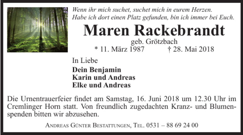  Traueranzeige für Maren Rackebrandt vom 06.06.2018 aus Braunschweiger Zeitung