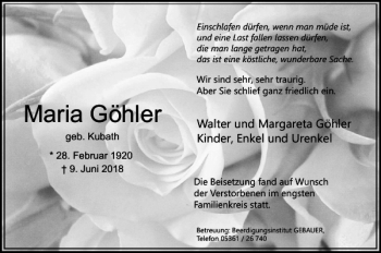 Traueranzeige von Maria Göhler von Wolfsburger Nachrichten