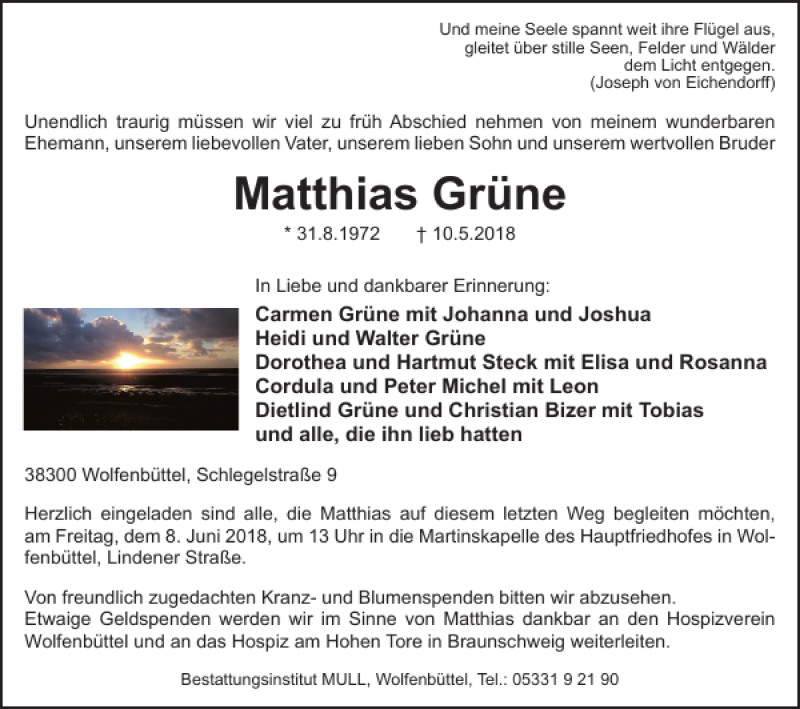  Traueranzeige für Matthias Grüne vom 02.06.2018 aus Wolfenbütteler Zeitung