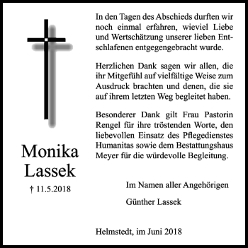 Traueranzeige von Monika Lassek von Helmstedter Nachrichten