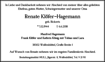 Traueranzeige von Renate Klöfer-Hagemann von Wolfenbütteler Zeitung
