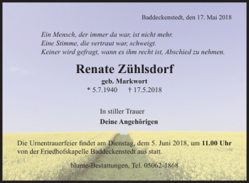 Traueranzeige von Renate Zühlsdorf von Salzgitter Zeitung