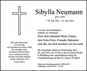 Traueranzeige von Sibylla Neumann von Wolfsburger Nachrichten