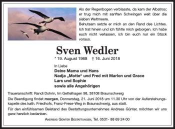 Traueranzeige von Sven Wedler von Braunschweiger Zeitung