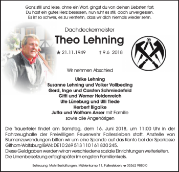 Traueranzeige von Theo Lehning von Wolfsburger Nachrichten
