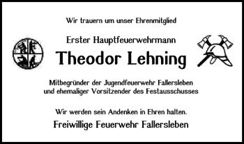 Traueranzeige von Theodor Lehning von Wolfsburger Nachrichten