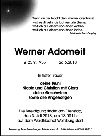 Traueranzeige von Werner Adomeit von Wolfsburger Nachrichten