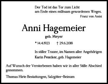Traueranzeige von Anni Hagemeier von Salzgitter Zeitung