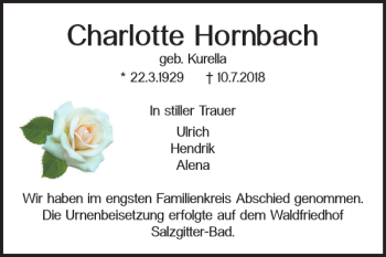 Traueranzeige von Charlotte Hornbach von Salzgitter Zeitung