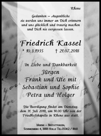 Traueranzeige von Friedrich Kassel von Salzgitter Zeitung