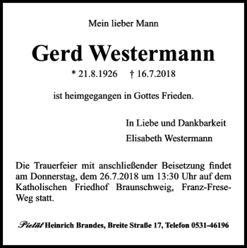 Traueranzeige von Gerd Westermann von Braunschweiger Zeitung