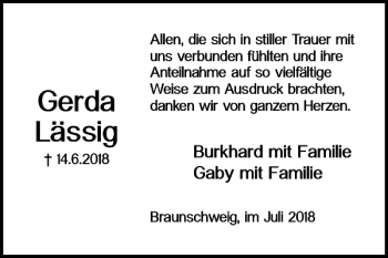 Traueranzeige von Gerda Lässig von Braunschweiger Zeitung