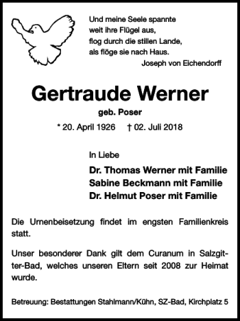 Traueranzeige von Gertraude Werner von Salzgitter Zeitung