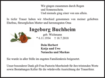 Traueranzeige von Ingeborg Buchheim von Helmstedter Nachrichten
