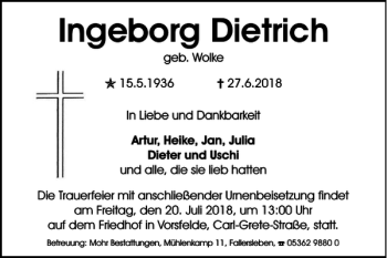 Traueranzeige von Ingeborg Dietrich von Wolfsburger Nachrichten