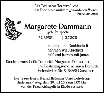 Traueranzeige von Margarete Dammann von Helmstedter Nachrichten