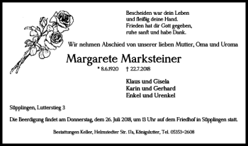 Traueranzeige von Margarete Marksteiner von Helmstedter Nachrichten