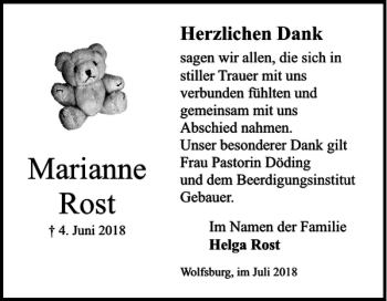 Traueranzeige von Marianne Rost von Wolfsburger Nachrichten