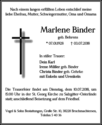 Traueranzeige von Marlene Binder von Salzgitter Zeitung