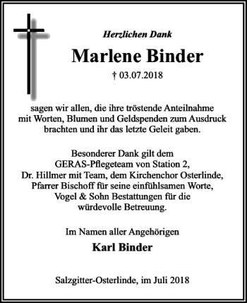 Traueranzeige von Marlene Binder von Salzgitter Zeitung