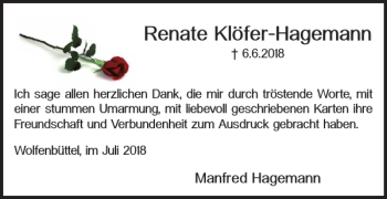 Traueranzeige von Renate Klöfer-Hagemann von Wolfenbütteler Zeitung