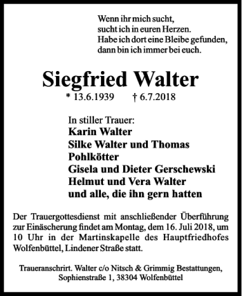 Traueranzeige von Siegfried Walter von Wolfenbütteler Zeitung