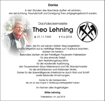 Traueranzeige von Theo Lehning von Wolfsburger Nachrichten