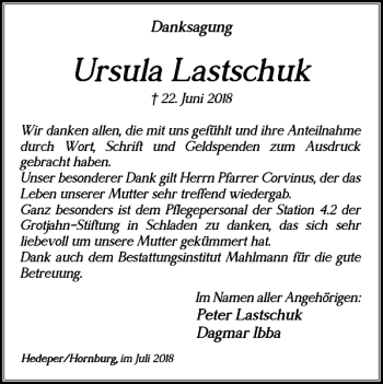 Traueranzeige von Ursula Lastschuk von Wolfenbütteler Zeitung