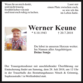 Traueranzeige von Werner Keune von Wolfenbütteler Zeitung