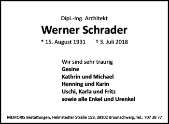 Traueranzeige von Werner Schrader von Braunschweiger Zeitung