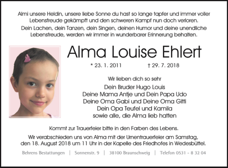  Traueranzeige für Alma Louise Ehlert vom 07.08.2018 aus Braunschweiger Zeitung