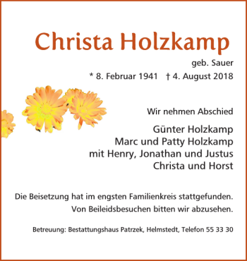 Traueranzeige von Christa Holzkamp von Helmstedter Nachrichten