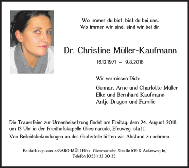 Traueranzeige für Dr. Christine Müller-Kaufmann vom 22.08.2018 aus Braunschweiger Zeitung