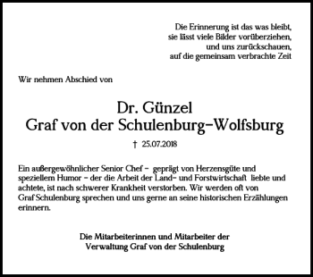 Traueranzeige von Dr. Günzel Graf von der Schulenburg-Wolfsburg  von Wolfsburger Nachrichten
