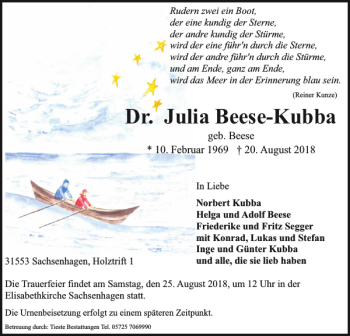 Traueranzeige von Dr. Julia Beese-Kubba von Braunschweiger Zeitung
