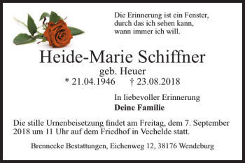 Traueranzeige von Heide-Marie Schiffner von Peiner Nachrichten