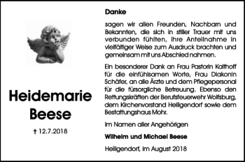 Traueranzeige von Heidemarie Beese von Wolfsburger Nachrichten