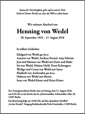Traueranzeige von Henning von Wedel von Wolfsburger Nachrichten