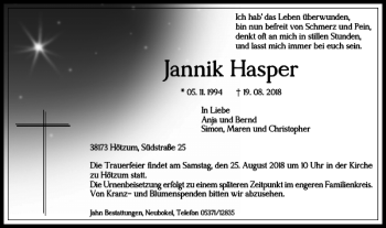 Traueranzeige von Jannik Hasper von Braunschweiger Zeitung