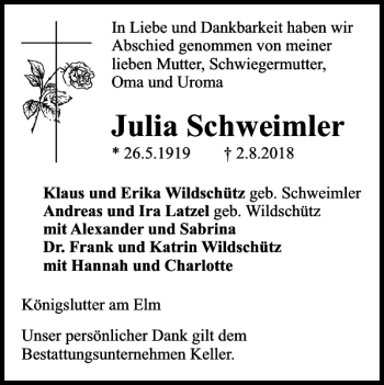 Traueranzeige von Julia Schweimler von Helmstedter Nachrichten