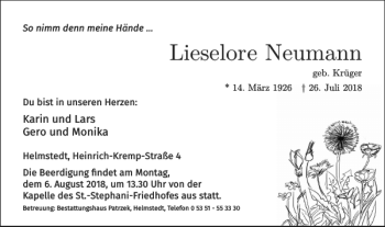 Traueranzeige von Lieselore Neumann von Helmstedter Nachrichten