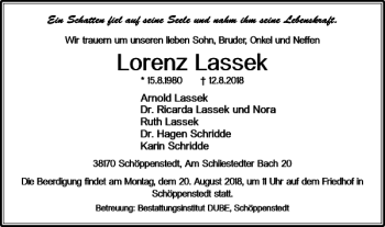 Traueranzeige von Lorenz Lassek von Wolfenbütteler Zeitung