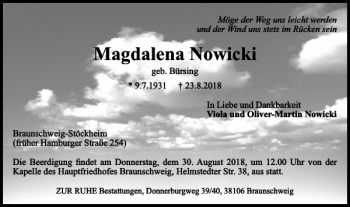 Traueranzeige von Magdalena Nowicki von Braunschweiger Zeitung