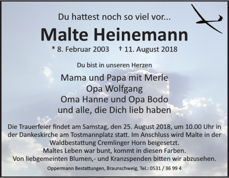  Traueranzeige für Malte Heinemann vom 17.08.2018 aus Braunschweiger Zeitung