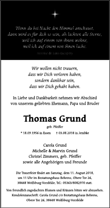 Traueranzeige von Thomas Grund von Braunschweiger Zeitung