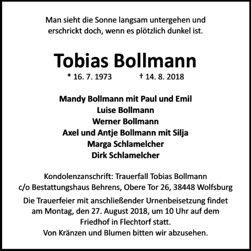  Traueranzeige für Tobias Bollmann vom 21.08.2018 aus Braunschweiger Zeitung